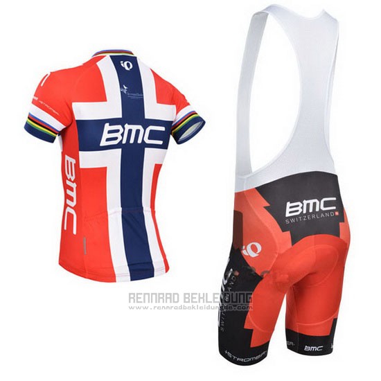 2014 Fahrradbekleidung BMC Champion Norwegen Blau und Rot Trikot Kurzarm und Tragerhose